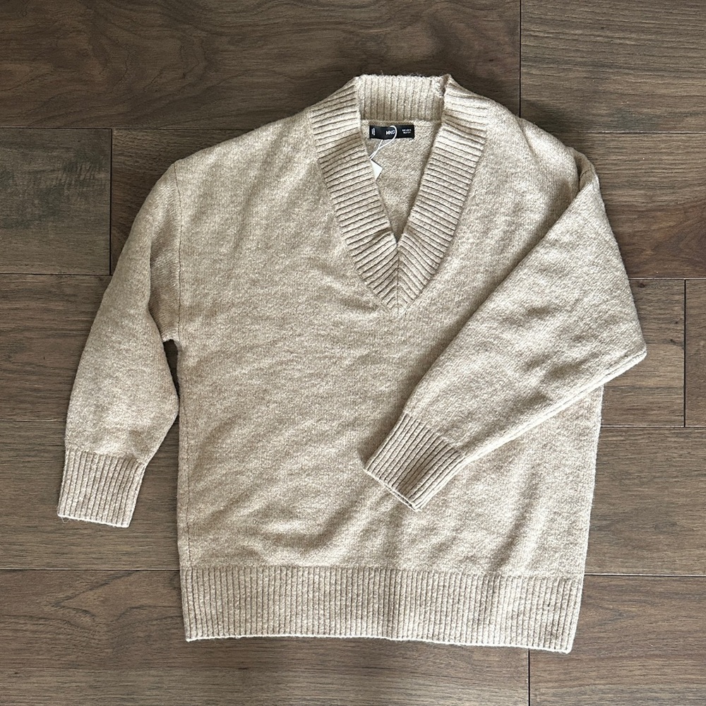 Mango Oversized V-Neck Sweater in Light Beige